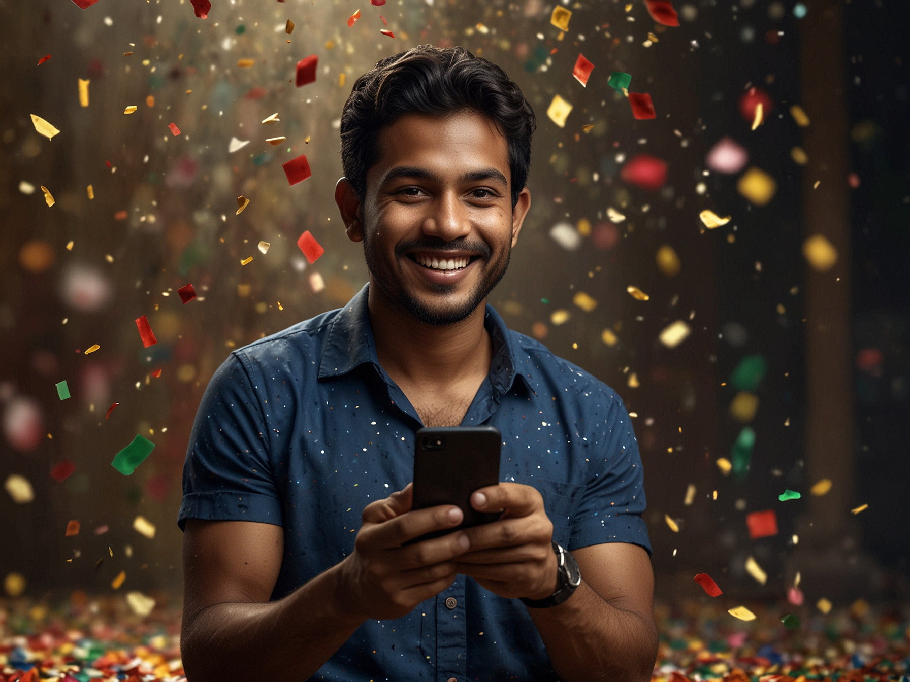 Smiling player receiving bonus on mobile